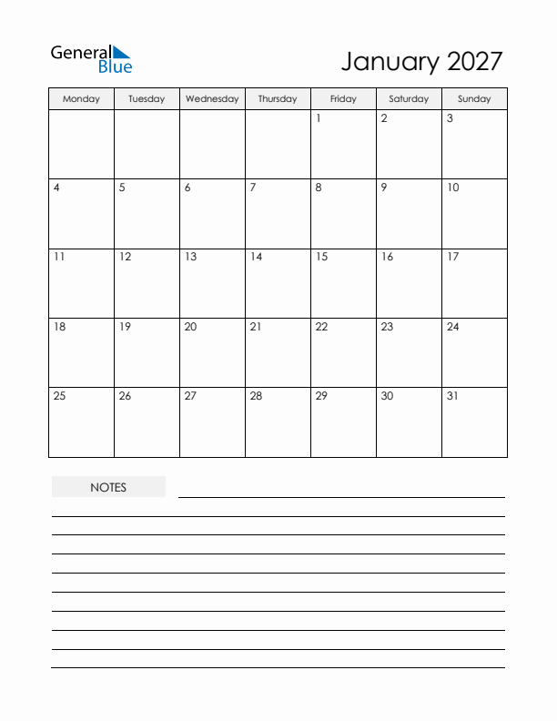 Printable Calendar with Notes - January 2027 