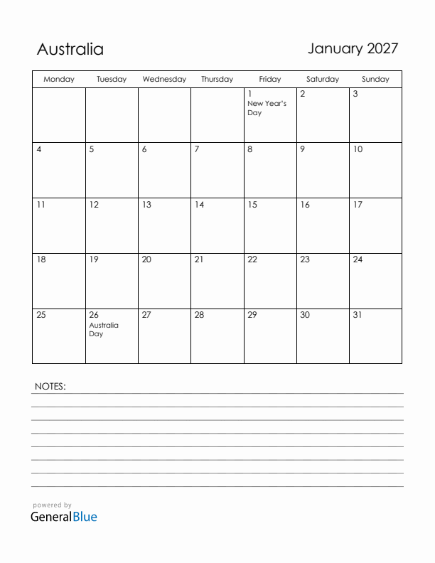January 2027 Australia Calendar with Holidays (Monday Start)