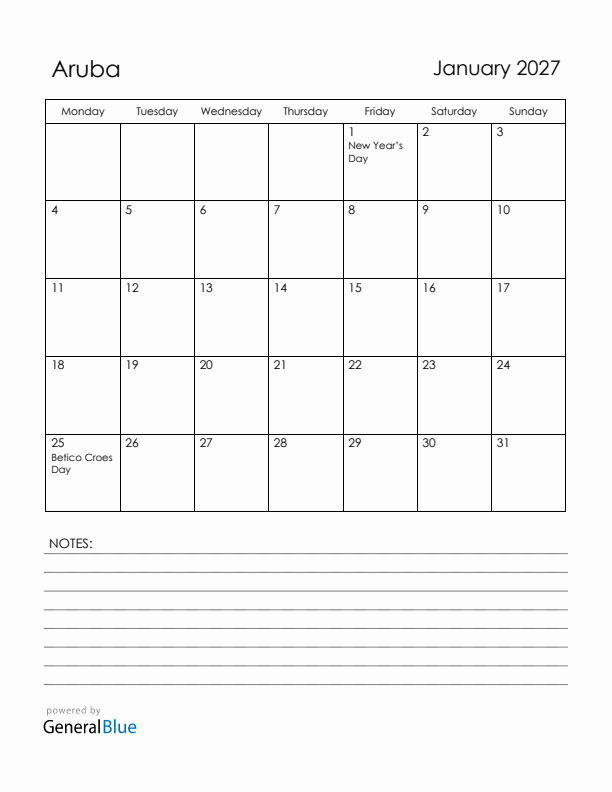 January 2027 Aruba Calendar with Holidays (Monday Start)