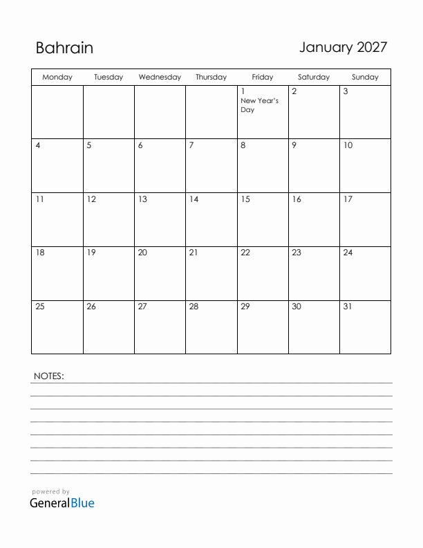 January 2027 Bahrain Calendar with Holidays (Monday Start)