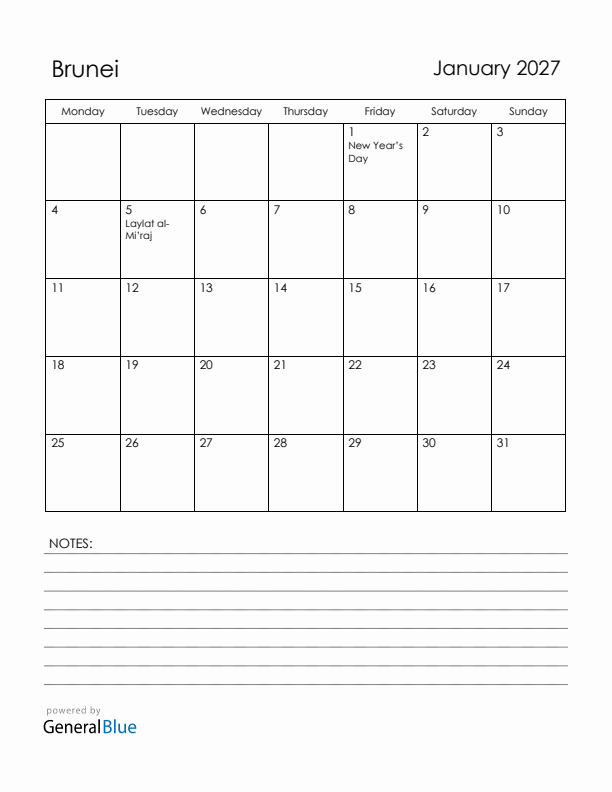 January 2027 Brunei Calendar with Holidays (Monday Start)