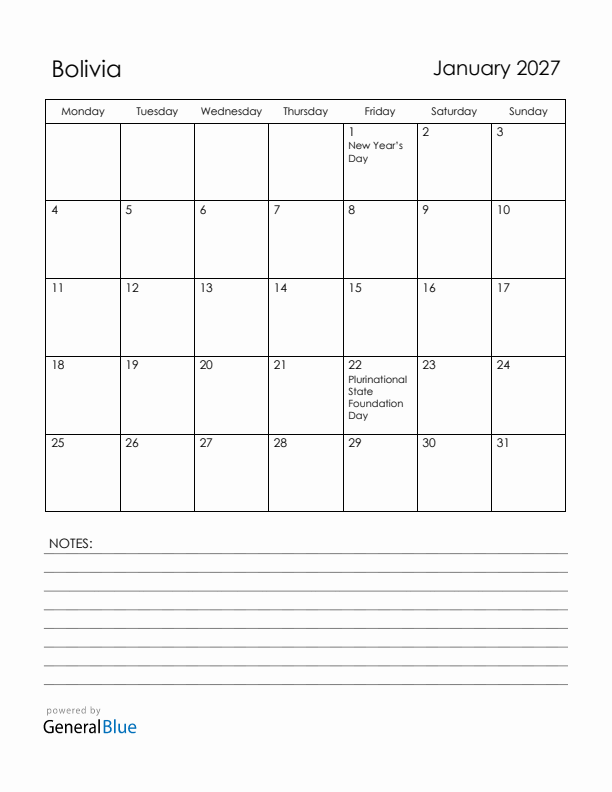 January 2027 Bolivia Calendar with Holidays (Monday Start)