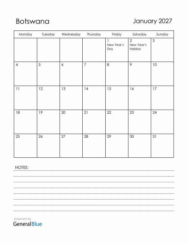 January 2027 Botswana Calendar with Holidays (Monday Start)
