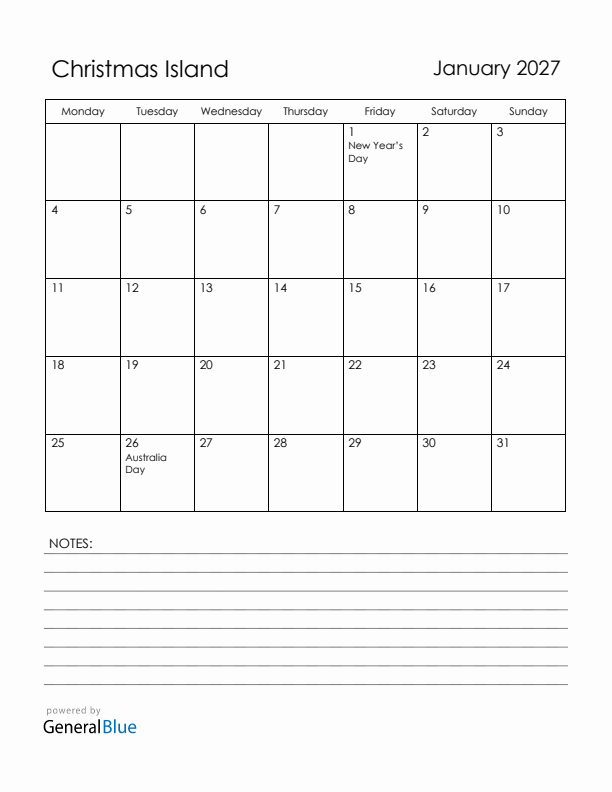 January 2027 Christmas Island Calendar with Holidays (Monday Start)