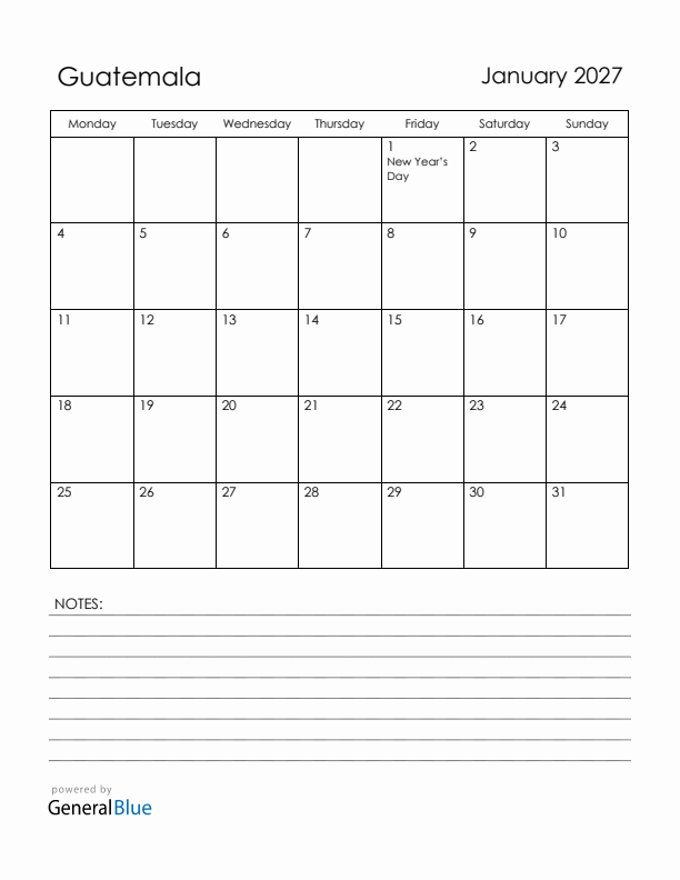January 2027 Guatemala Calendar with Holidays (Monday Start)
