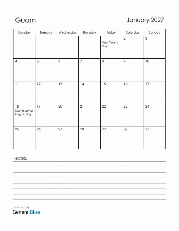 January 2027 Guam Calendar with Holidays (Monday Start)