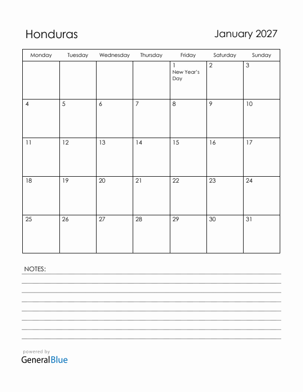 January 2027 Honduras Calendar with Holidays (Monday Start)