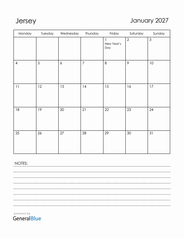 January 2027 Jersey Calendar with Holidays (Monday Start)