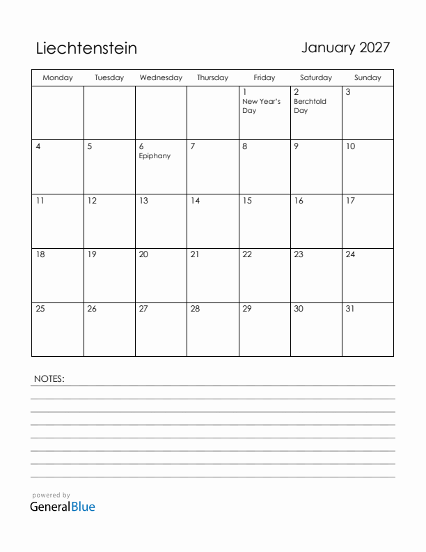January 2027 Liechtenstein Calendar with Holidays (Monday Start)