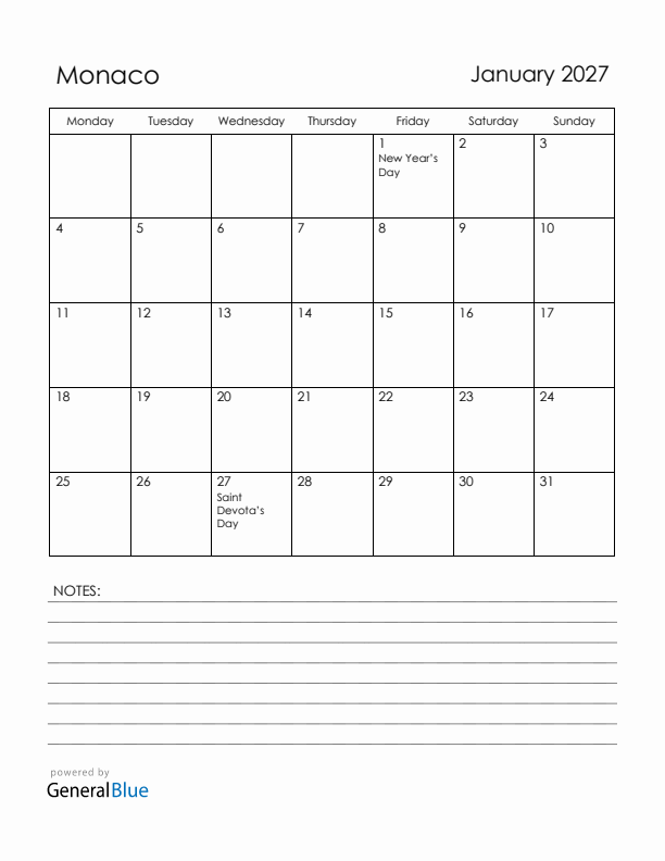 January 2027 Monaco Calendar with Holidays (Monday Start)