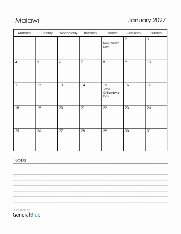 January 2027 Malawi Calendar with Holidays (Monday Start)