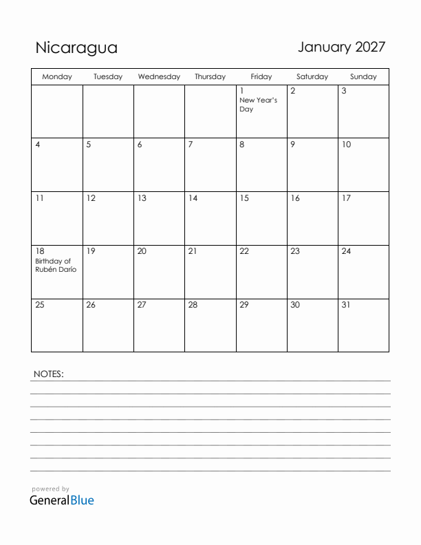 January 2027 Nicaragua Calendar with Holidays (Monday Start)