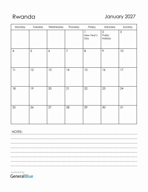 January 2027 Rwanda Calendar with Holidays (Monday Start)