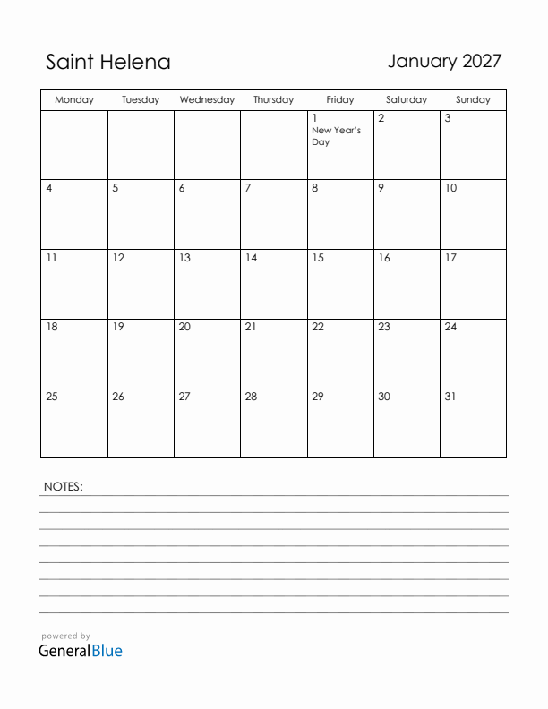 January 2027 Saint Helena Calendar with Holidays (Monday Start)
