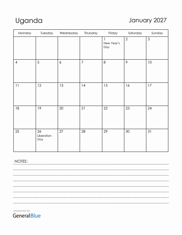January 2027 Uganda Calendar with Holidays (Monday Start)