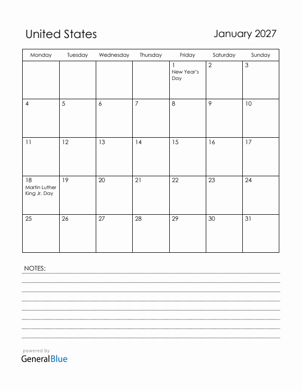 January 2027 United States Calendar with Holidays (Monday Start)