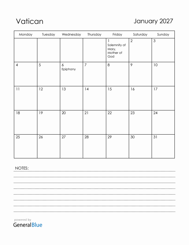 January 2027 Vatican Calendar with Holidays (Monday Start)