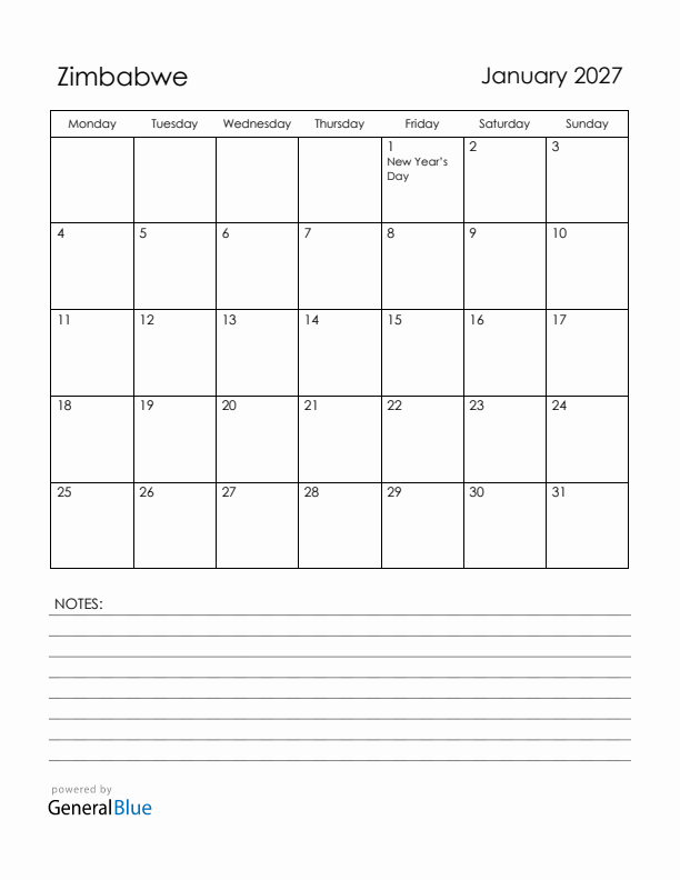 January 2027 Zimbabwe Calendar with Holidays (Monday Start)