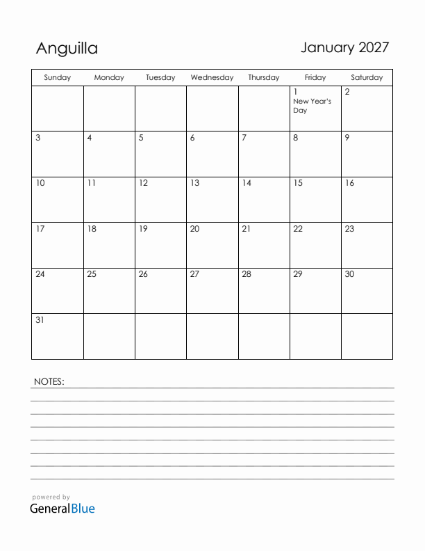 January 2027 Anguilla Calendar with Holidays (Sunday Start)