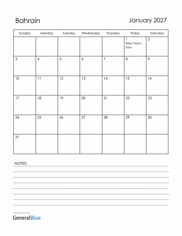 January 2027 Bahrain Calendar with Holidays (Sunday Start)