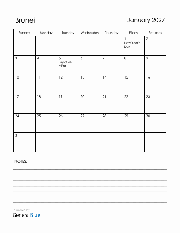 January 2027 Brunei Calendar with Holidays (Sunday Start)