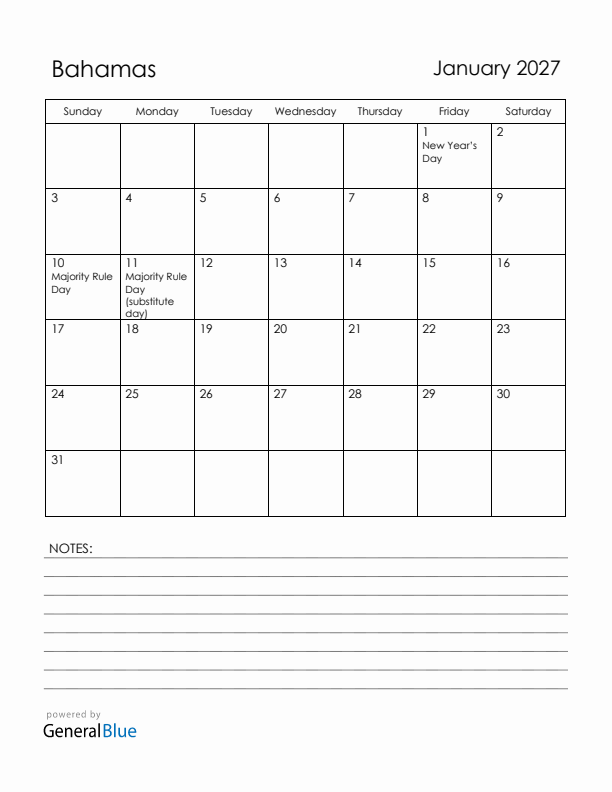 January 2027 Bahamas Calendar with Holidays (Sunday Start)