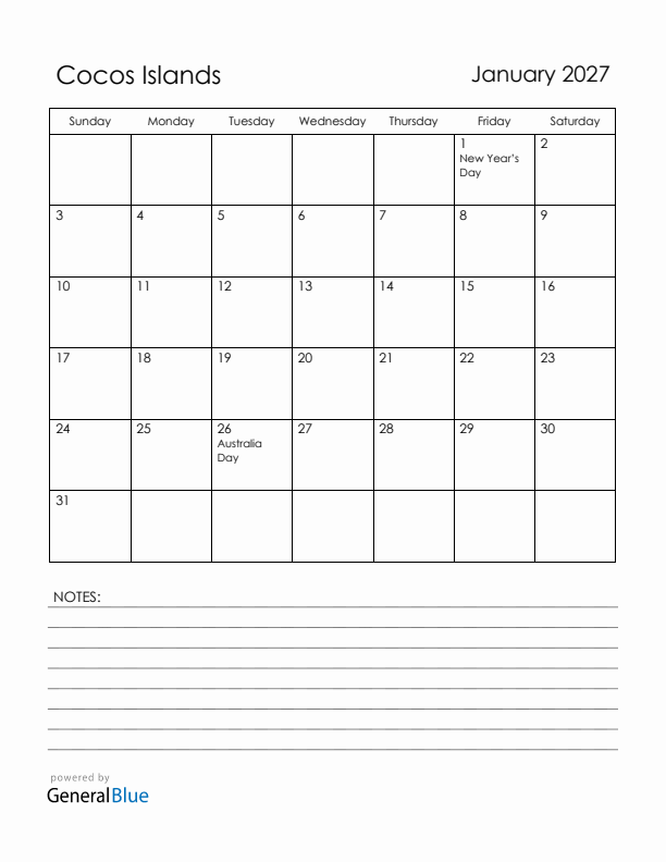 January 2027 Cocos Islands Calendar with Holidays (Sunday Start)