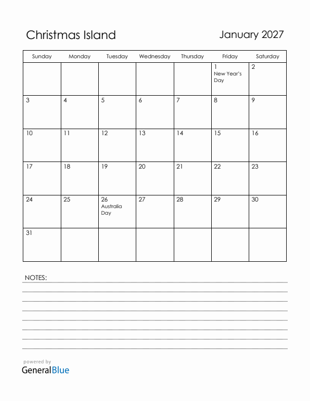 January 2027 Christmas Island Calendar with Holidays (Sunday Start)