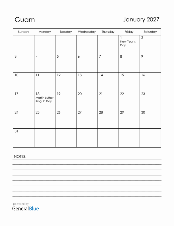 January 2027 Guam Calendar with Holidays (Sunday Start)