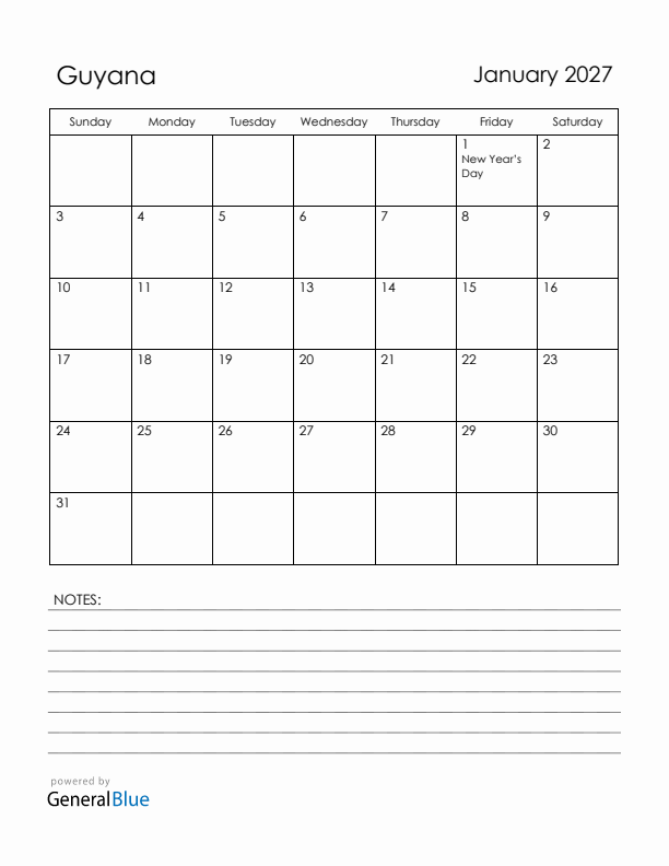 January 2027 Guyana Calendar with Holidays (Sunday Start)