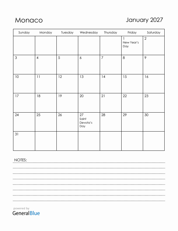 January 2027 Monaco Calendar with Holidays (Sunday Start)