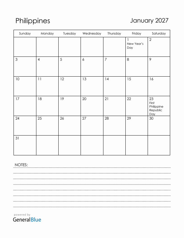 January 2027 Philippines Calendar with Holidays (Sunday Start)