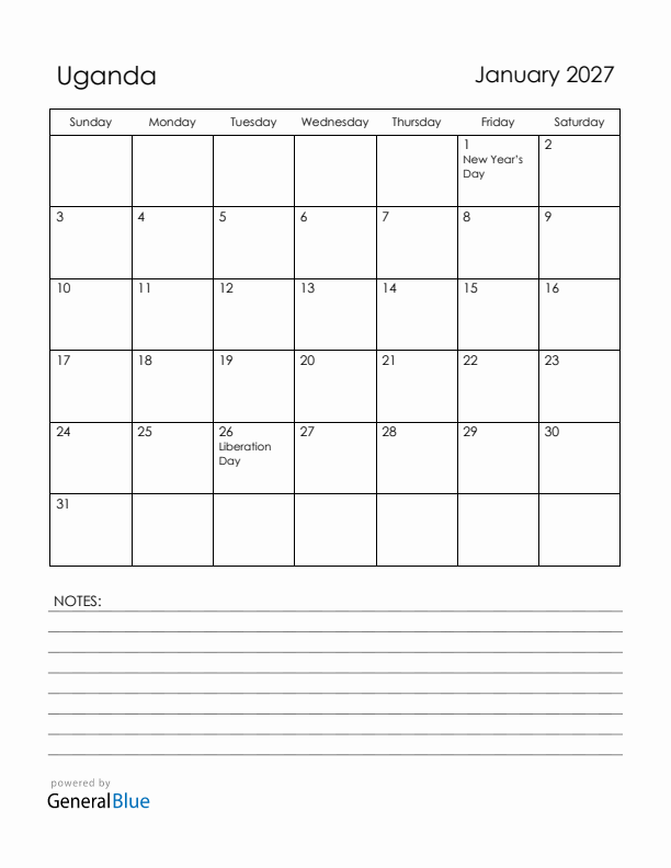 January 2027 Uganda Calendar with Holidays (Sunday Start)