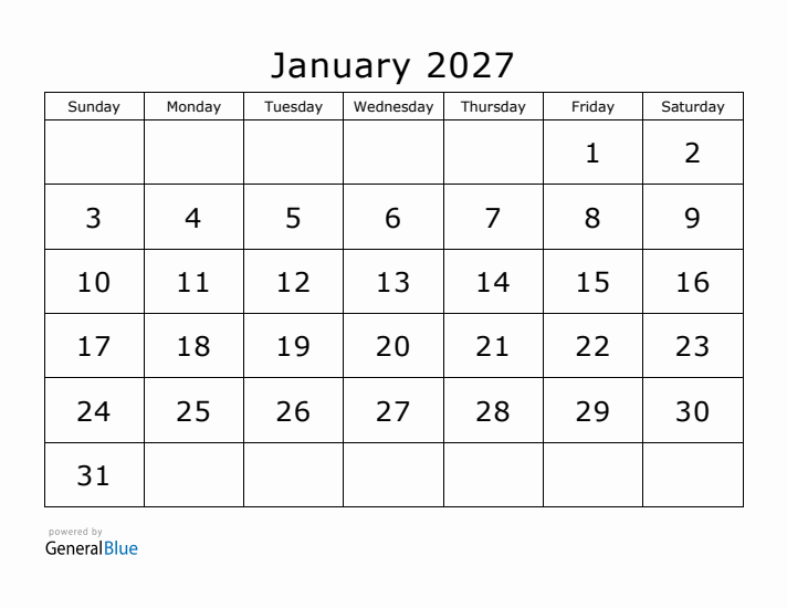 Printable January 2027 Calendar - Sunday Start