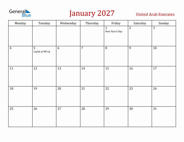United Arab Emirates January 2027 Calendar - Monday Start