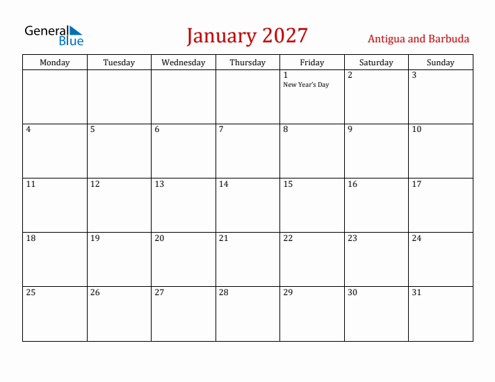 Antigua and Barbuda January 2027 Calendar - Monday Start