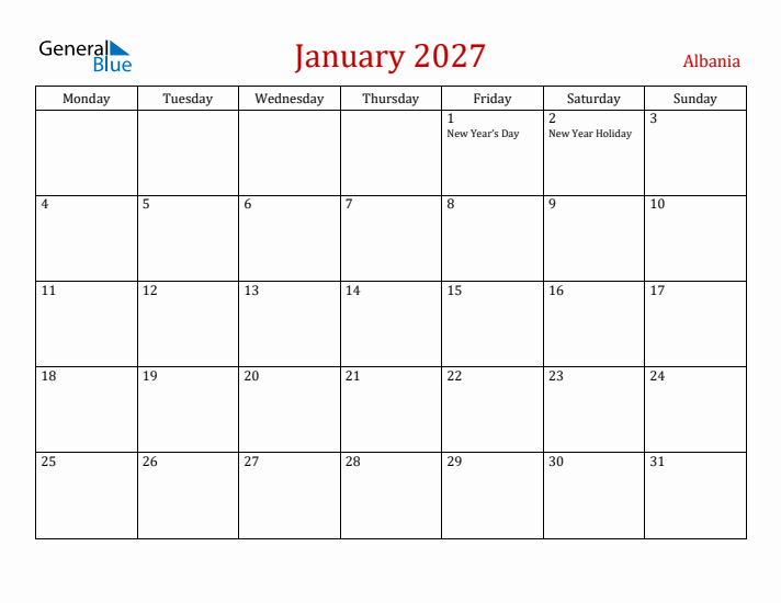 Albania January 2027 Calendar - Monday Start
