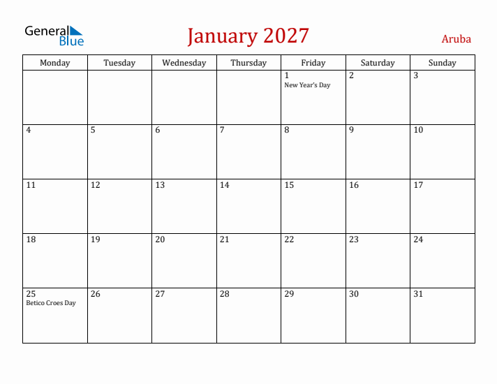 Aruba January 2027 Calendar - Monday Start