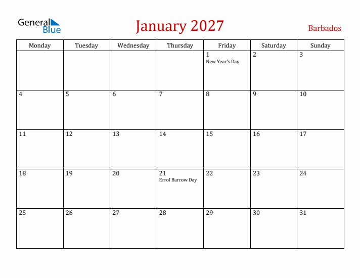 Barbados January 2027 Calendar - Monday Start