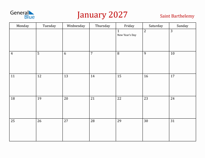 Saint Barthelemy January 2027 Calendar - Monday Start