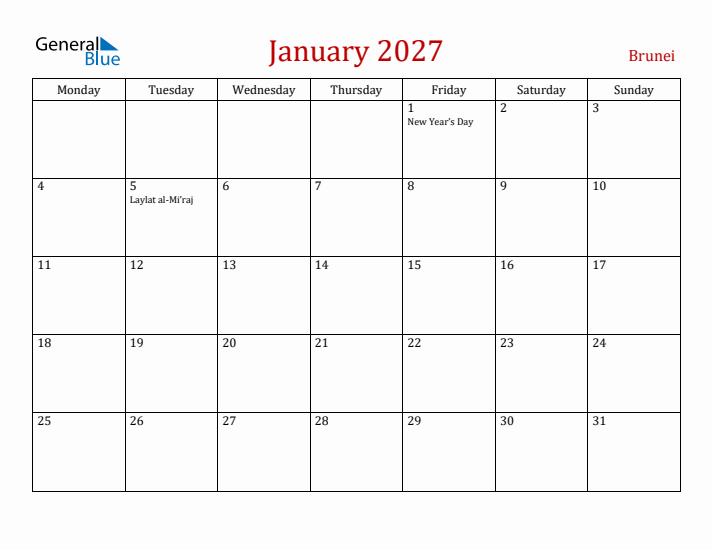 Brunei January 2027 Calendar - Monday Start