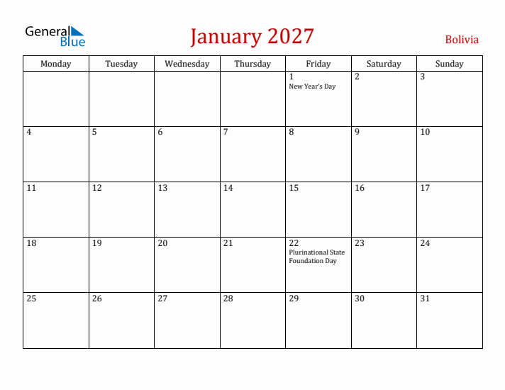 Bolivia January 2027 Calendar - Monday Start