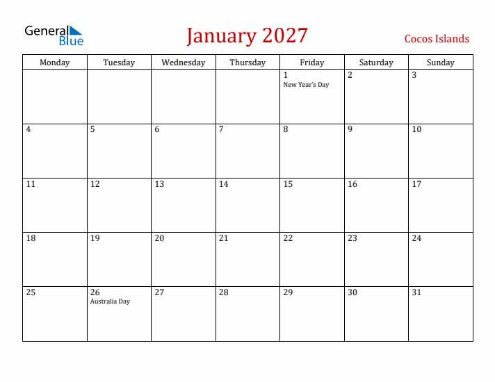 Cocos Islands January 2027 Calendar - Monday Start
