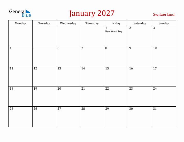 Switzerland January 2027 Calendar - Monday Start