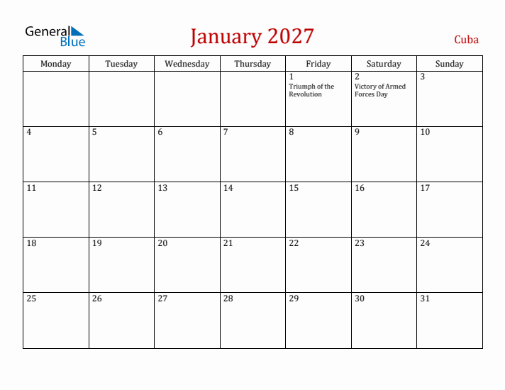 Cuba January 2027 Calendar - Monday Start