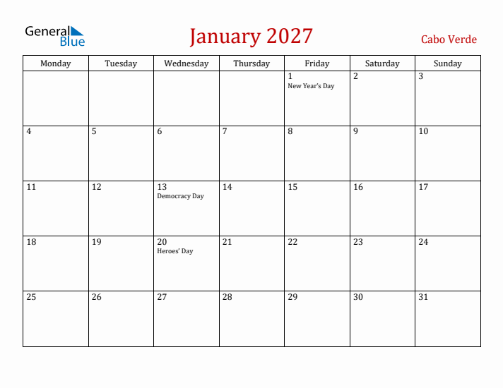 Cabo Verde January 2027 Calendar - Monday Start