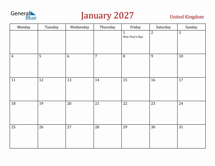United Kingdom January 2027 Calendar - Monday Start