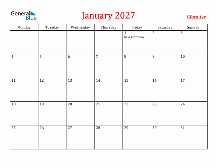 Gibraltar January 2027 Calendar - Monday Start