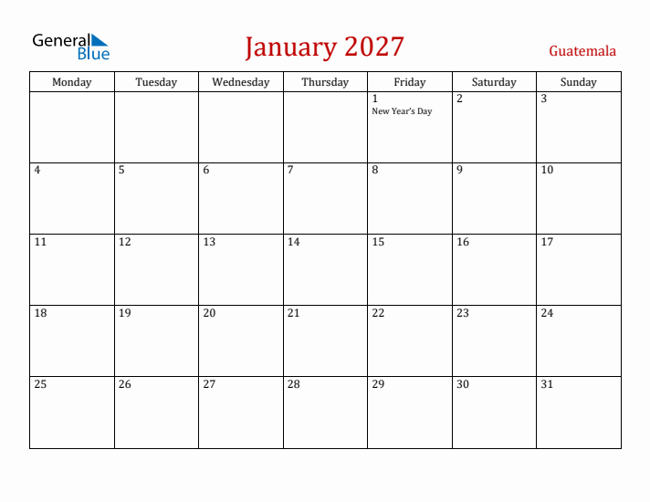 Guatemala January 2027 Calendar - Monday Start