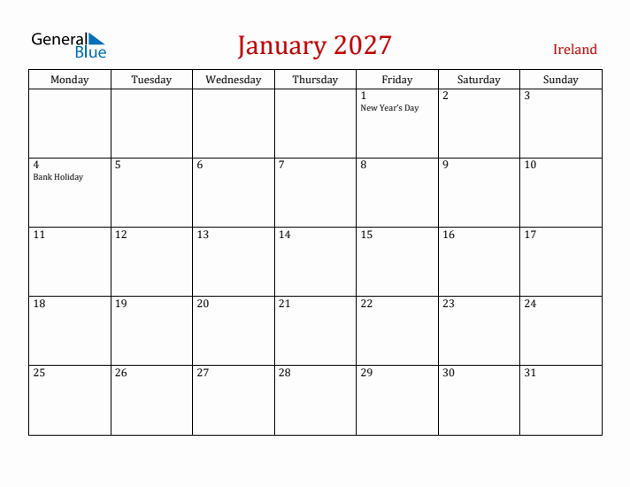 Ireland January 2027 Calendar - Monday Start